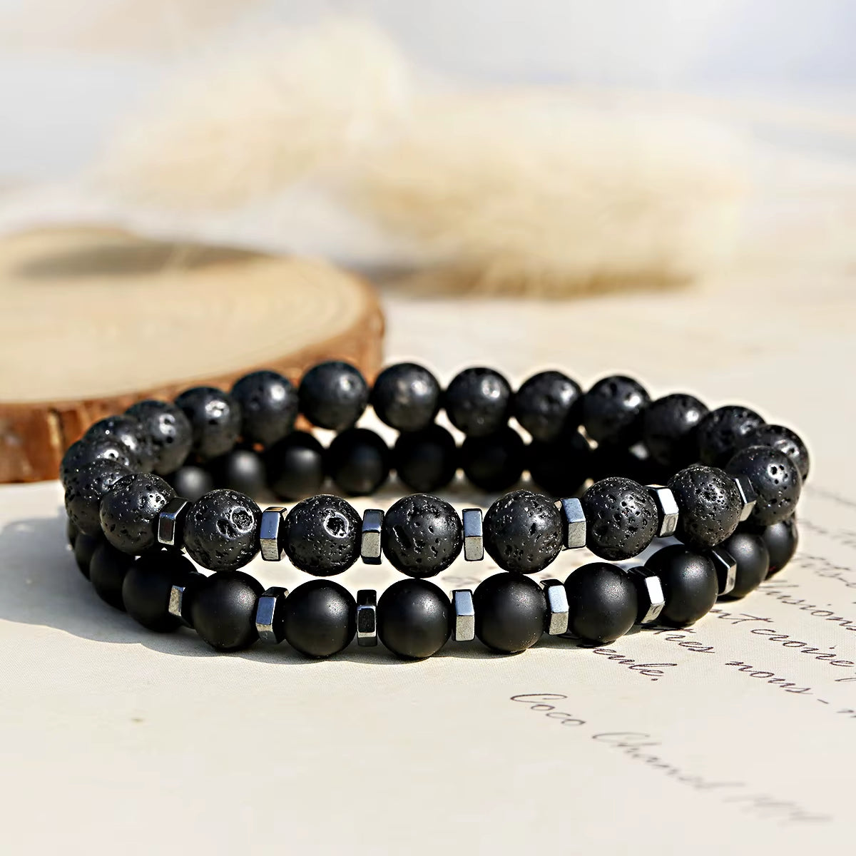 New in Frosted Black Bead Volcanic Stone Men’S Bracelet Set Double Layer Nature Stone Beaded Bracelets Gifts