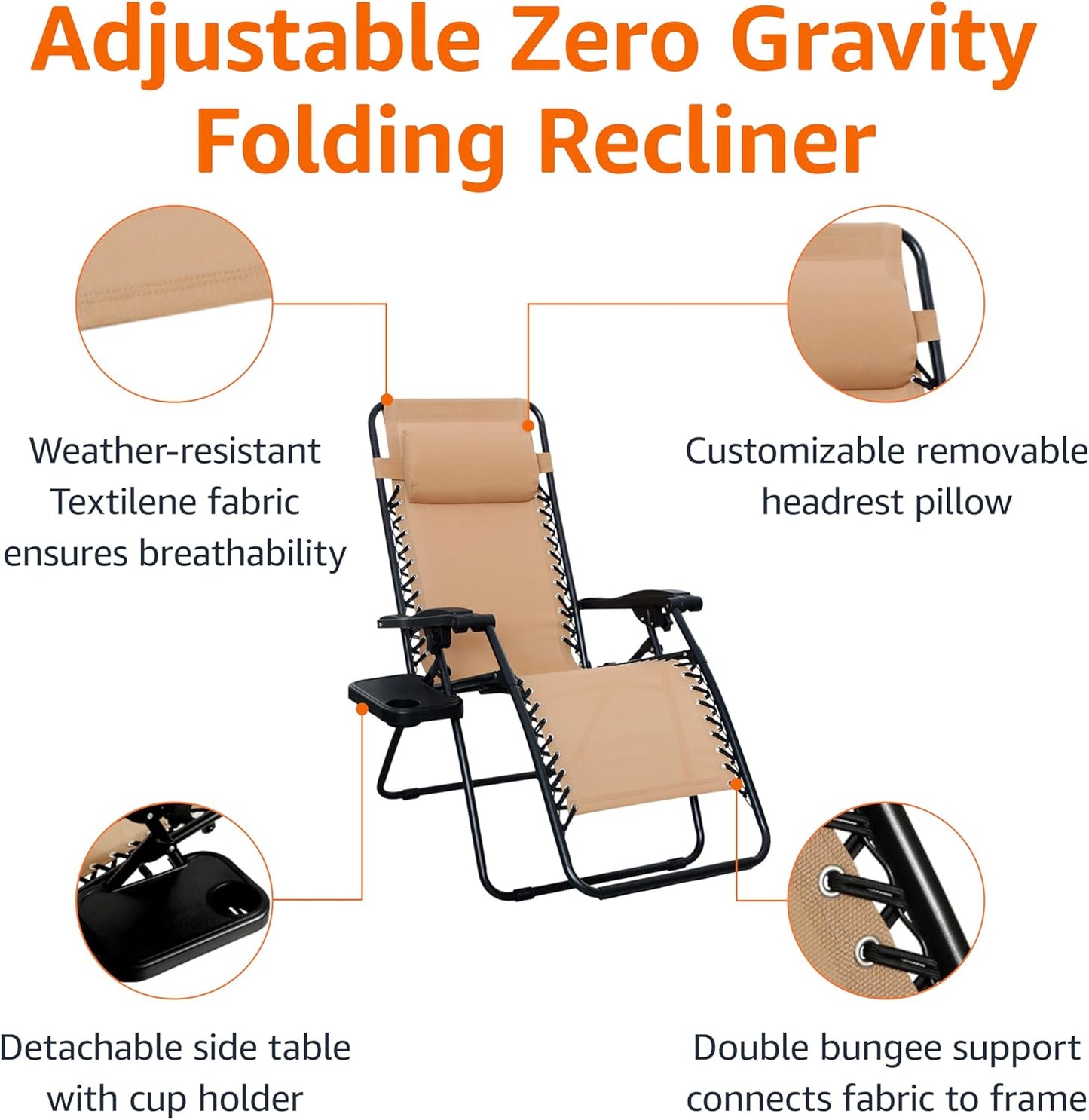 Adjustable zero gravity folding recliner chair with detachable side table