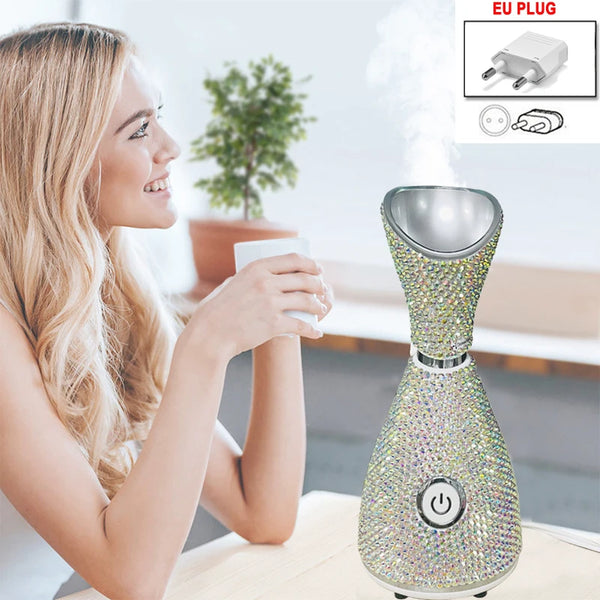Face Steamer Vaporizador Facial Nano Ionic Warm Steam and Deeply Moisturizing Spa Humidifier with Rhinestone Face Care Vapozone
