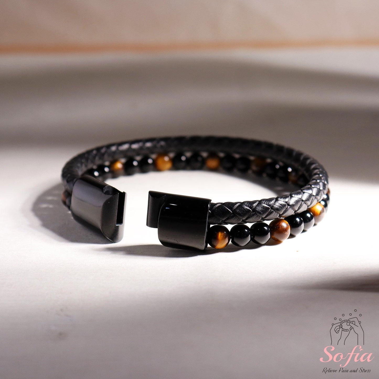 Mens Bracelet - Obsidian Tige'S Eye Stone Bracelet - Leather Braided Bangle Magnetic Clasp Waterproof