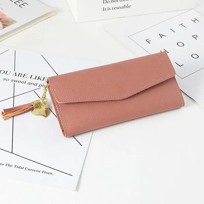 Womens Wallet PU Leather Three Fold Long Wallet Tassel Pendant Coin Pocket Purse Credit Card Holder Handbag Large Capacity Gifts