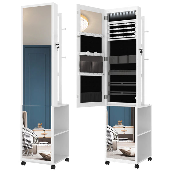 Jewellery Cabinet, Mirror Cabinet, Standing Jewellery Organiser with 1 Clothes Rack, 3-Tier Shelves with 4 Coat Hooks