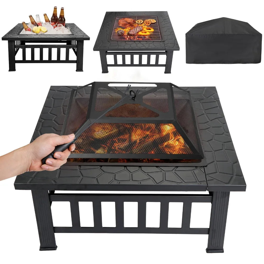 32" Metal Fire Pit Backyard Patio Garden Square Stove Fire Pit with Cover Black