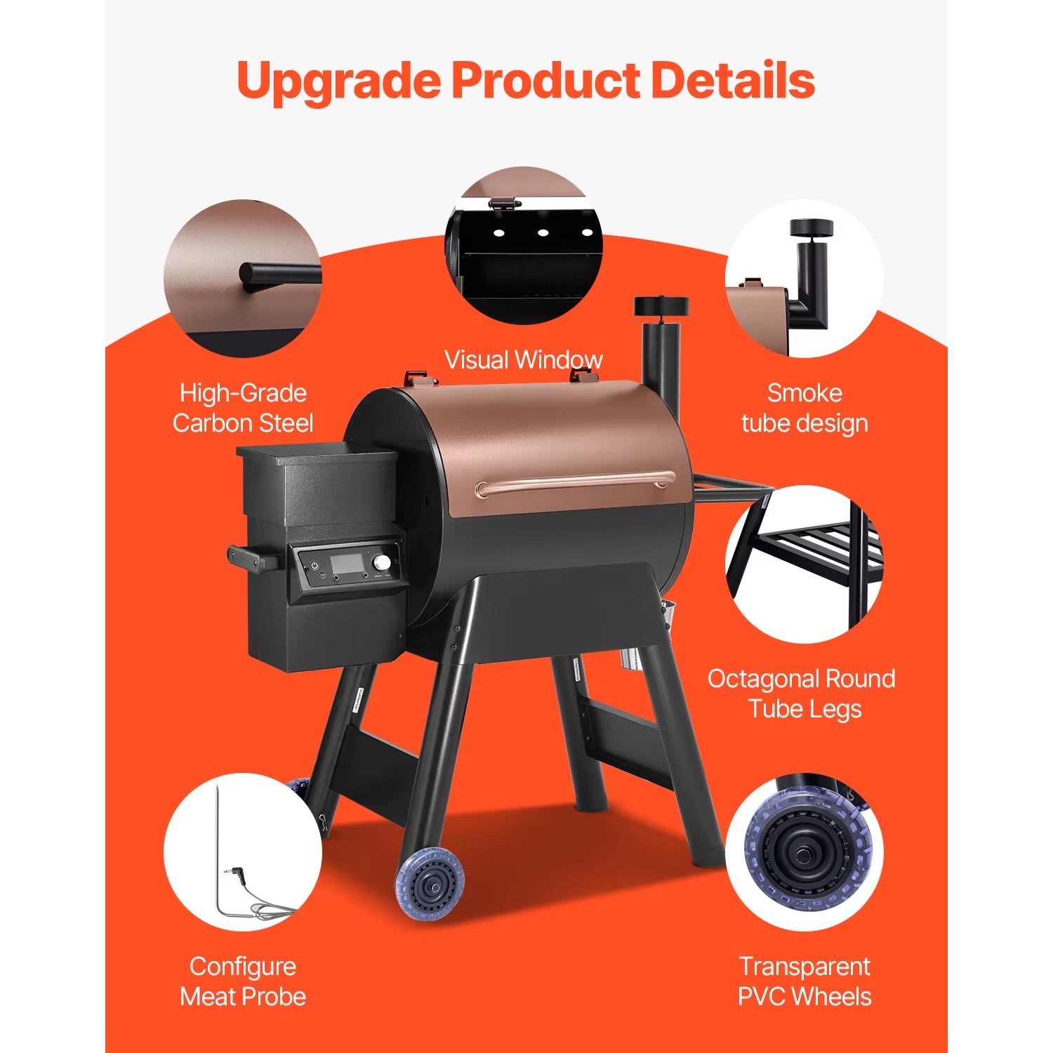Wood Pellet Grill Smoker BBQ Grills for Outdoor Cooking with Wifi-App Control, LCD Screen Controller for Camping Yard