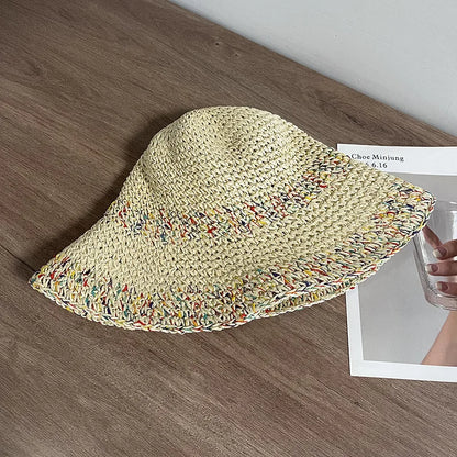 2023 Womens Straw Rainbow Splicing Hats Women Panamas UV Protection Sun Visor Beach Hats Women Visors Foldable Female Sun Hat