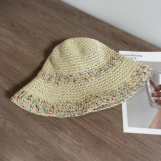 2023 Womens Straw Rainbow Splicing Hats Women Panamas UV Protection Sun Visor Beach Hats Women Visors Foldable Female Sun Hat