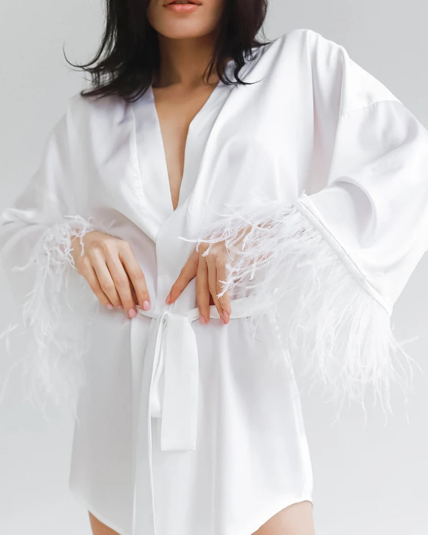 Feather Bathrobes Satin Sexy Mini Dress Long Sleeve Loose Peignoirs for Women Robe White Wedding Dress Black Bride Dresses