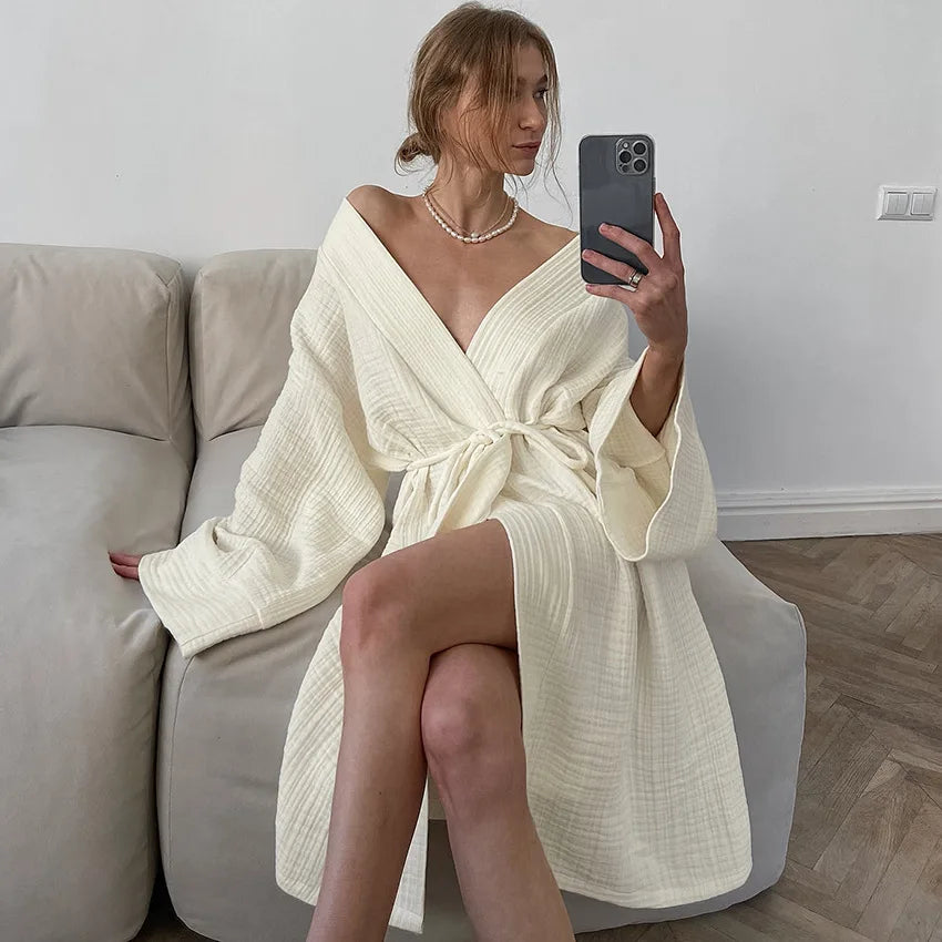 Spring/Summer 2025 Women'S Bathrobes, Cardigans, Lace-Up Bathrobes,Long-Sleeved Casual, Loose and Comfortable Home Wear, Pajamas