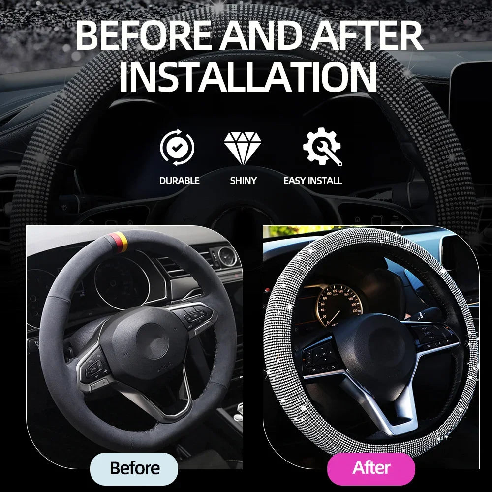 Crystal Car Steering Wheel Cover for Women Girls Cute Glitter Steer Wheel Cover Bling Rhinestone Diamond Car Steering Protection