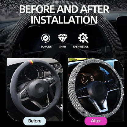 Crystal Car Steering Wheel Cover for Women Girls Cute Glitter Steer Wheel Cover Bling Rhinestone Diamond Car Steering Protection