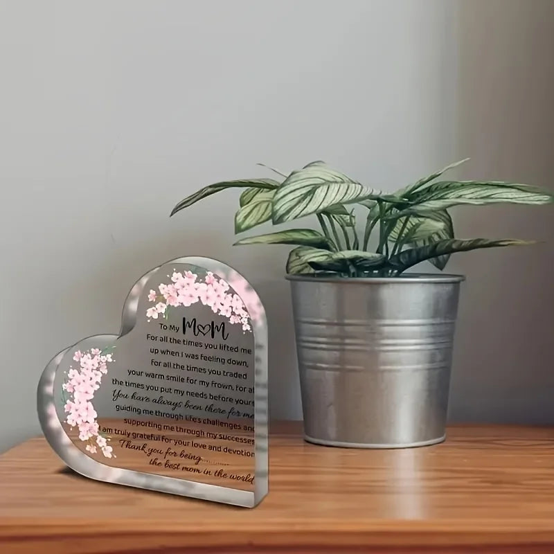 Heart-Shaped Acrylic Mom Appreciation Plaque with Floral Design Elegant Script Text Sentimental Thank You Gift for Mother Ideal