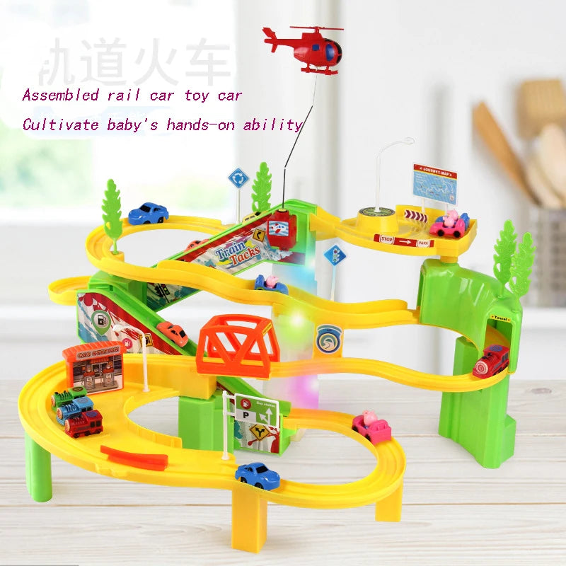 Children'S DIY Track Railway Car Plastic Parking Toy Set Multilayer Assemble Rail Railway Car Garage Track Educational Kids Toys