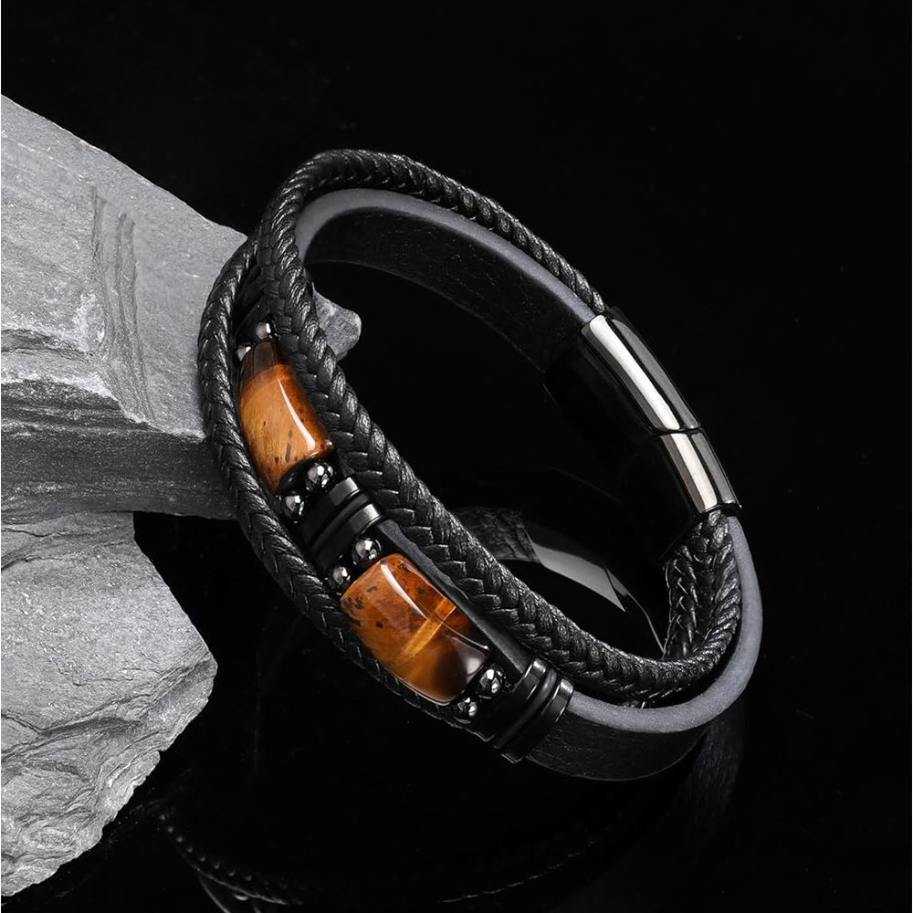 Natural Tiger Eye Stone Bracelet for Men Women - Handmade Leather Braided Healing Bracelet, Courage & Luck Meaning, Birthday Christmas Gift