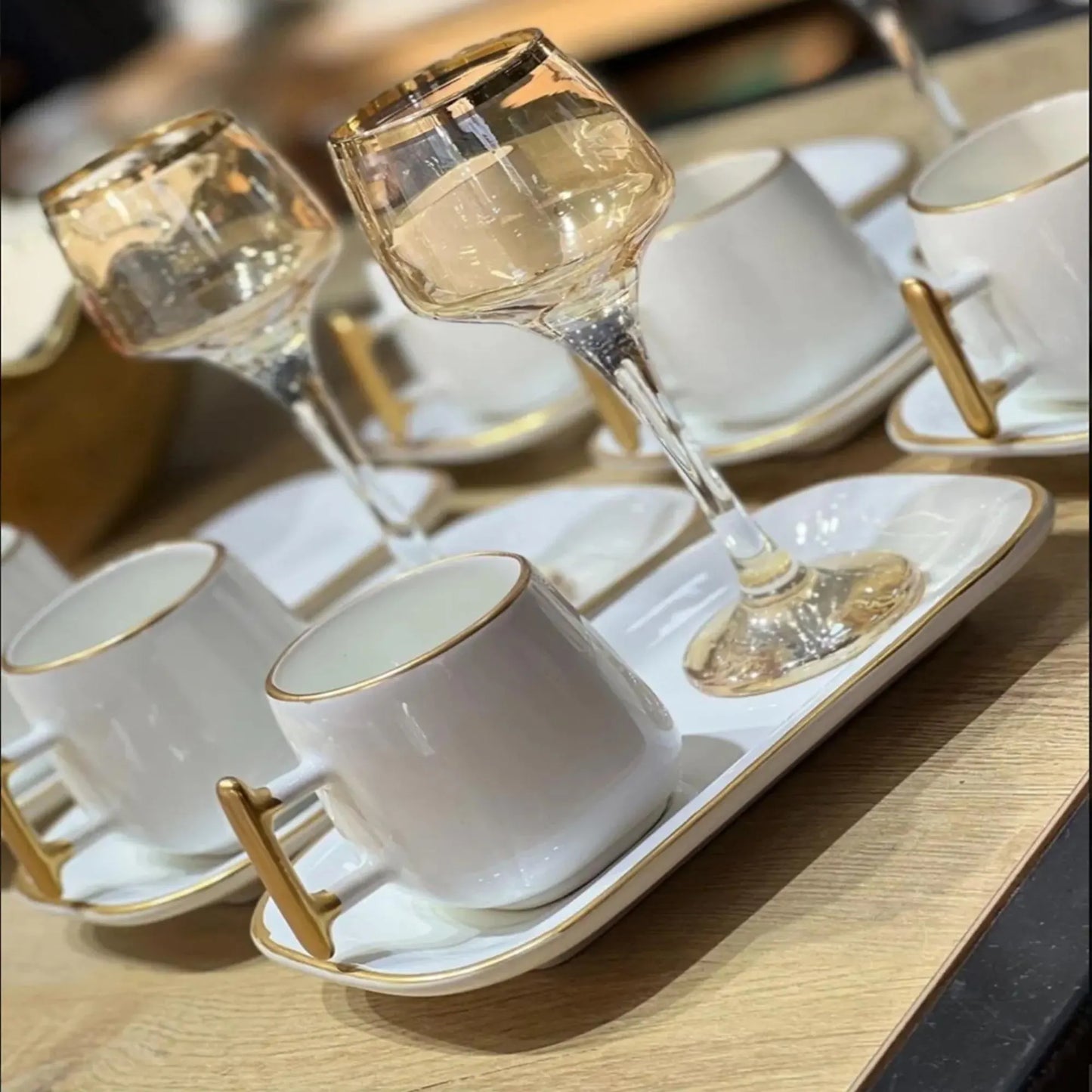 White Ceramic Turkish Coffee Set: Gold Handle Espresso Cups, 12-Piece