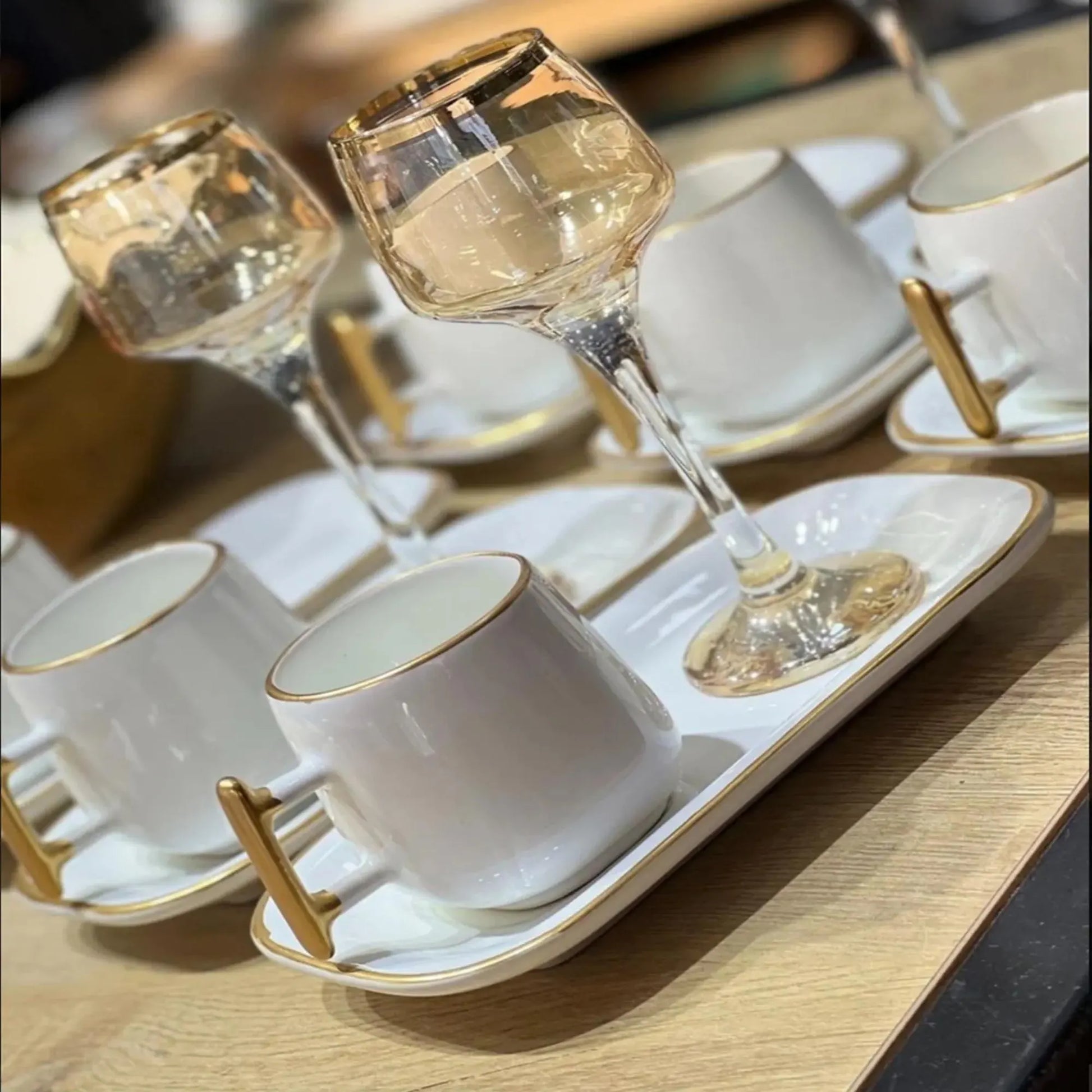 White Ceramic Turkish Coffee Set: Gold Handle Espresso Cups, 12-Piece