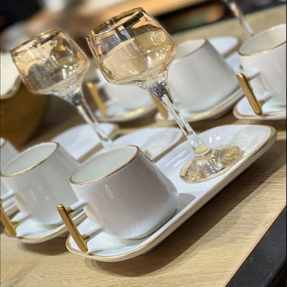 White Ceramic Turkish Coffee Set: Gold Handle Espresso Cups, 12-Piece