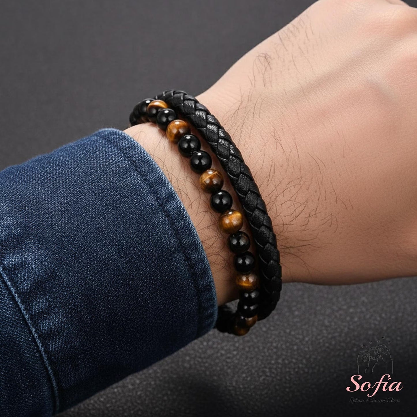 Mens Bracelet - Obsidian Tige'S Eye Stone Bracelet - Leather Braided Bangle Magnetic Clasp Waterproof