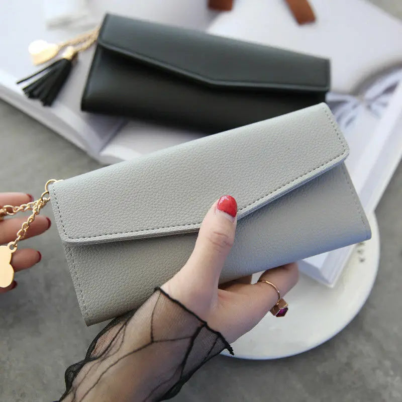 Womens Wallet PU Leather Three Fold Long Wallet Tassel Pendant Coin Pocket Purse Credit Card Holder Handbag Large Capacity Gifts