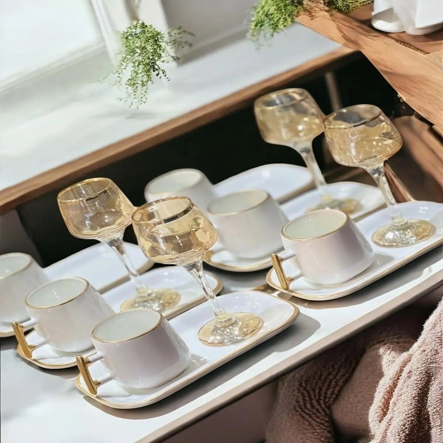 White Ceramic Turkish Coffee Set: Gold Handle Espresso Cups, 12-Piece