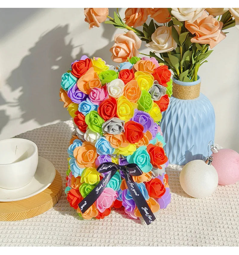 Wedding Home Decor, Rainbow Eternal Rose Bear, Anniversary Gift