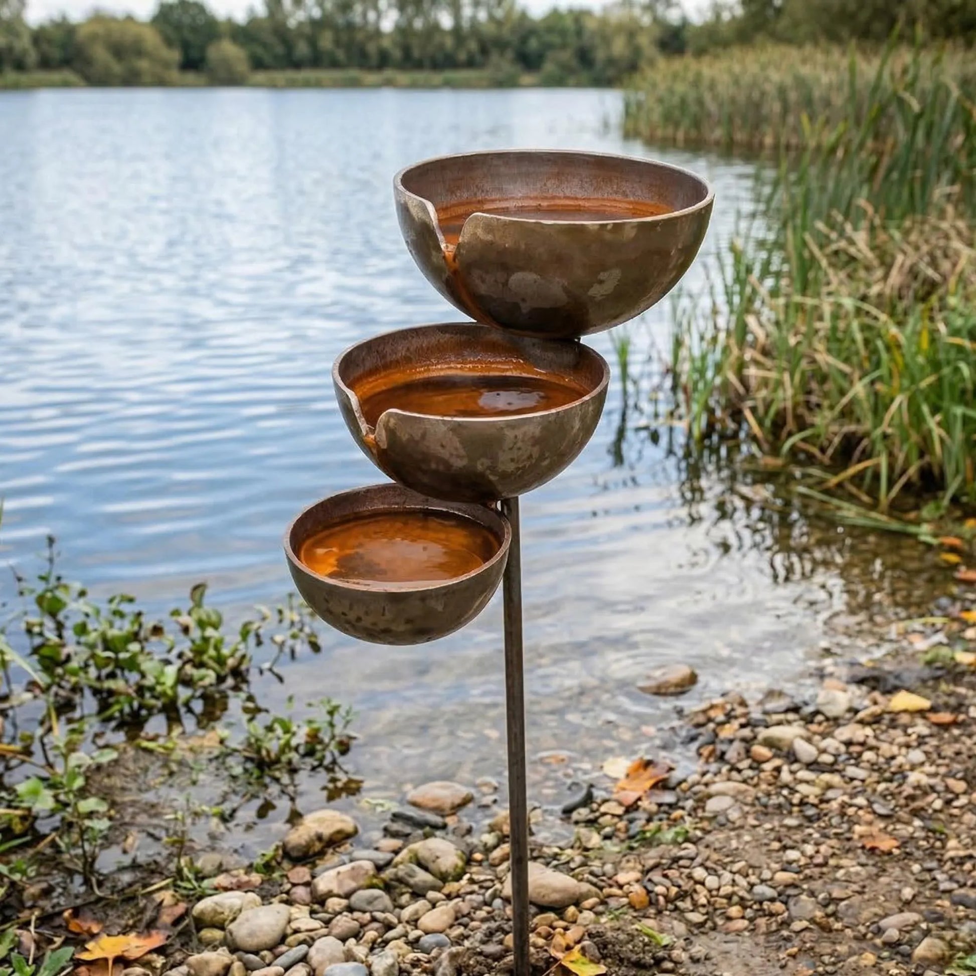 Rustic Metal Rain Catcher Garden Stake with Three Bowls Outdoor Zen Decor