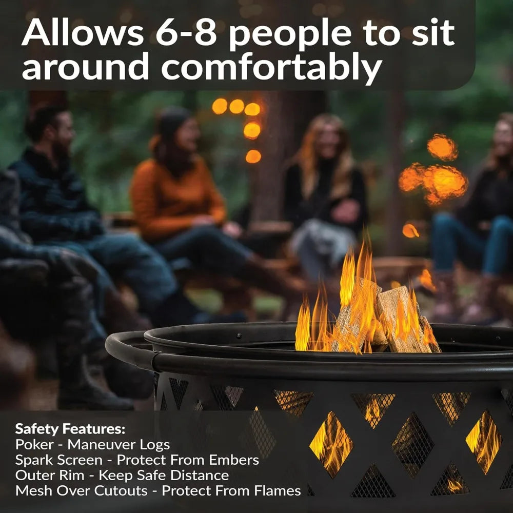 Outdoor Fire Pit - Wood-Burning Fire Pit for outside with Spark Screen, Poker and round Cover - 36-Inch - Black