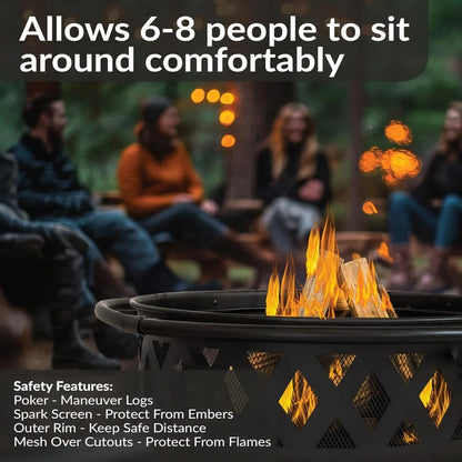 Outdoor Fire Pit - Wood-Burning Fire Pit for outside with Spark Screen, Poker and round Cover - 36-Inch - Black