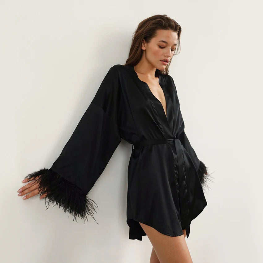 Feather Bathrobes Satin Sexy Mini Dress Long Sleeve Loose Peignoirs for Women Robe White Wedding Dress Black Bride Dresses