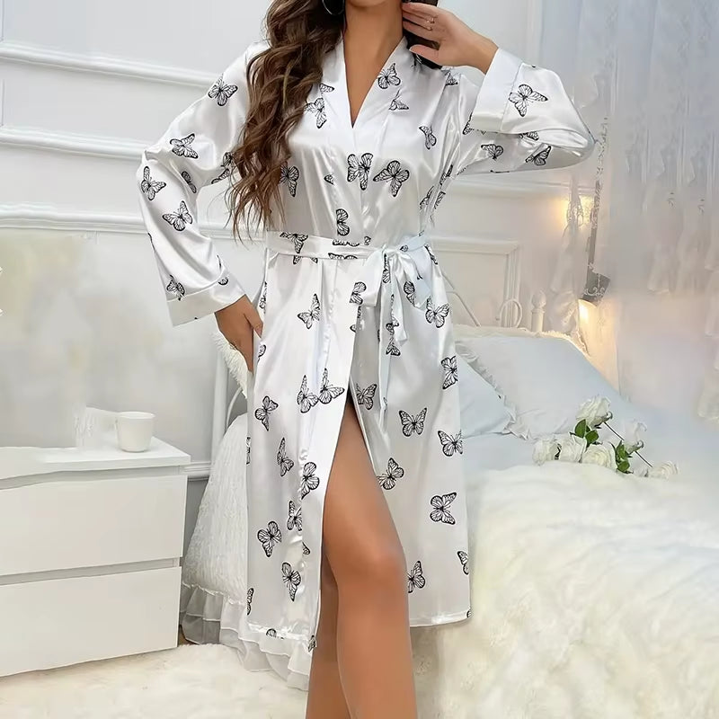 Women'S Satin Nightdress Kimono Robes Bathrobes Sexy Sleepwear V Neck Long Sleeve Pajamas Loose Nightgowns Nightie Pyjama Female