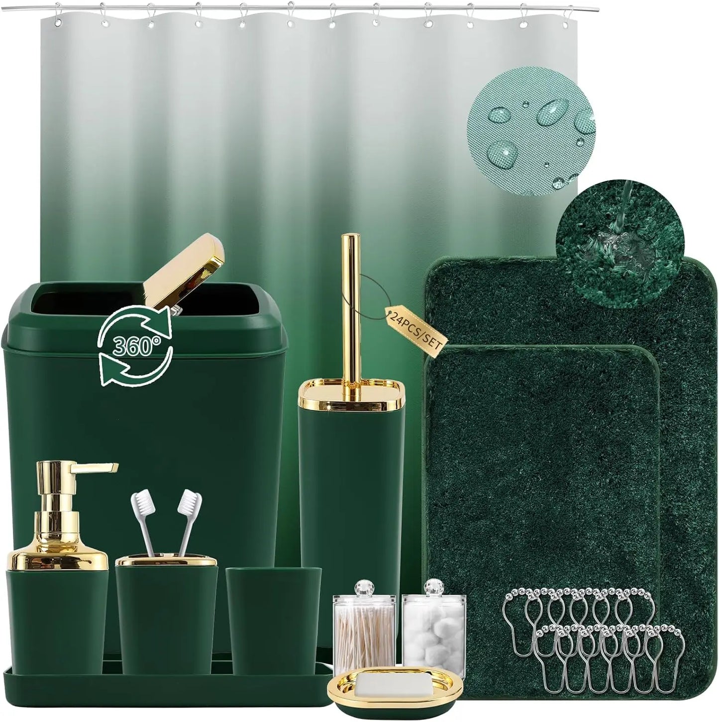 Dark Green Ombre Bathroom Set 24PCS with Shower Curtain, Rugs, Soap Dispenser & Toilet Brush for Housewarming Gift