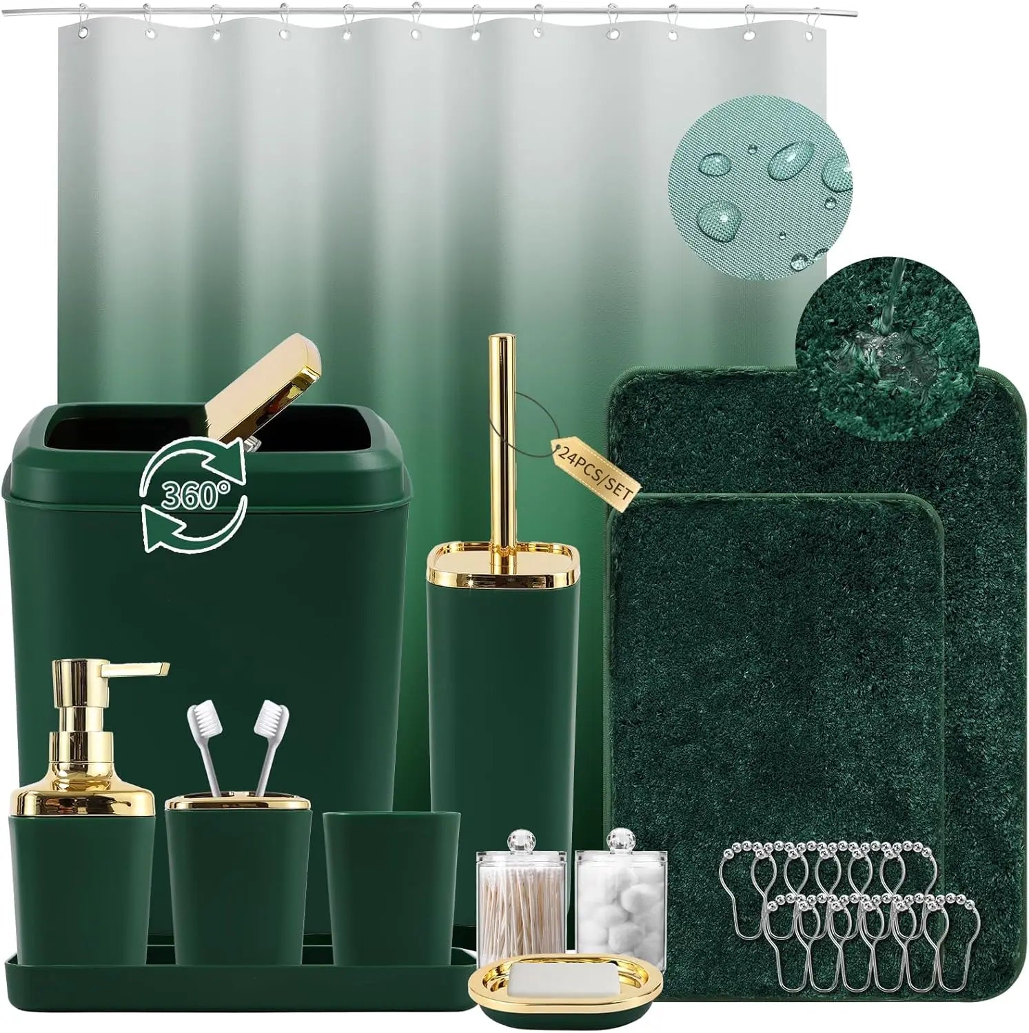 Dark Green Ombre Bathroom Set 24PCS with Shower Curtain, Rugs, Soap Dispenser & Toilet Brush for Housewarming Gift
