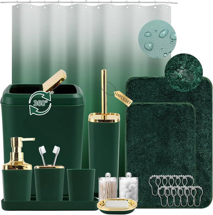 Dark Green Ombre Bathroom Set 24PCS with Shower Curtain, Rugs, Soap Dispenser & Toilet Brush for Housewarming Gift
