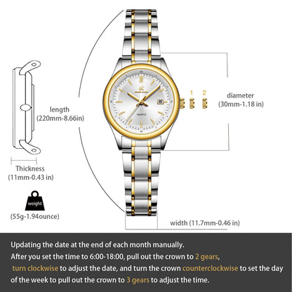Women’S Watch Luxury Gold Watch Originaldate Week Stainless Steel Waterproof Luminous Elegant Dress Ladies' Watches