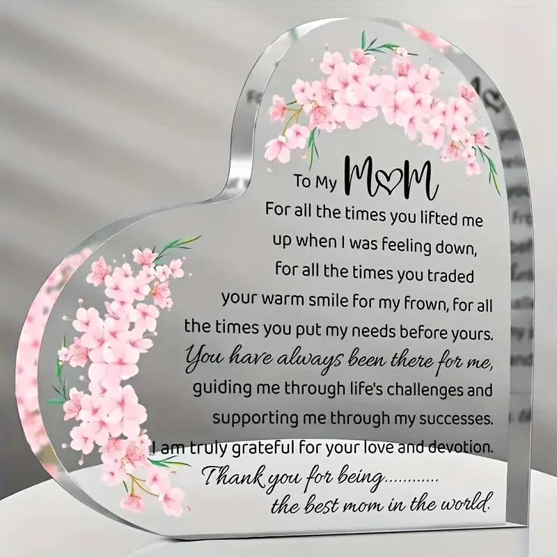 Heart-Shaped Acrylic Mom Appreciation Plaque with Floral Design Elegant Script Text Sentimental Thank You Gift for Mother Ideal