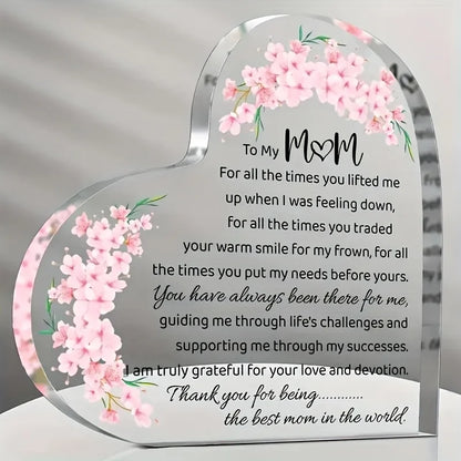 Heart-Shaped Acrylic Mom Appreciation Plaque with Floral Design Elegant Script Text Sentimental Thank You Gift for Mother Ideal