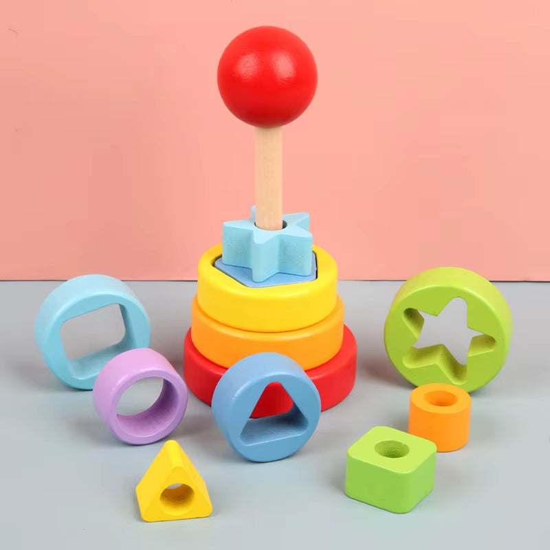 Baby Rainbow Tower Stacking Toys Montessori Wooden Colorful Stacking Puzzle Ring Early Educational Teaching Aids Baby Toys Gifts