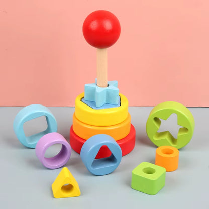 Baby Rainbow Tower Stacking Toys Montessori Wooden Colorful Stacking Puzzle Ring Early Educational Teaching Aids Baby Toys Gifts
