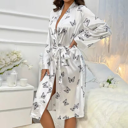 Women'S Satin Nightdress Kimono Robes Bathrobes Sexy Sleepwear V Neck Long Sleeve Pajamas Loose Nightgowns Nightie Pyjama Female