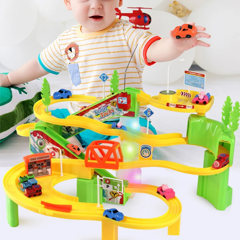 Children'S DIY Track Railway Car Plastic Parking Toy Set Multilayer Assemble Rail Railway Car Garage Track Educational Kids Toys