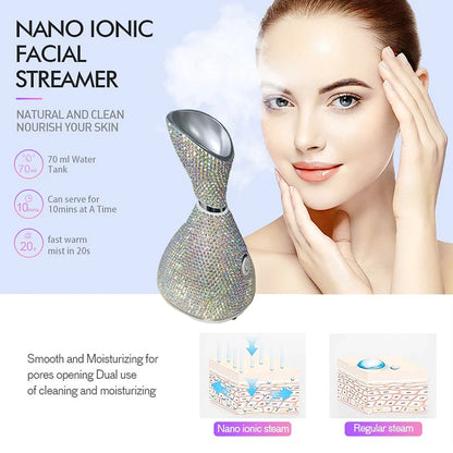 Face Steamer Vaporizador Facial Nano Ionic Warm Steam and Deeply Moisturizing Spa Humidifier with Rhinestone Face Care Vapozone
