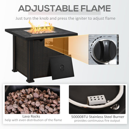 30 Inch Outdoor Propane Gas Fire Pit Table, 50,000 BTU Auto-Ignition Square Wicker-Effect Gas Firepit with Ceramic Tabletop, Lid, Lava Rocks & Rain Cover, CSA Certification