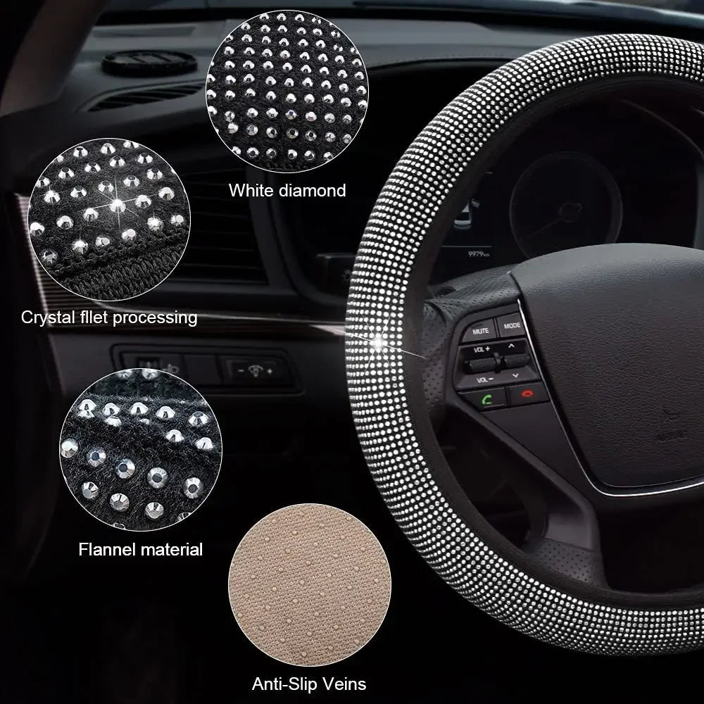 Crystal Car Steering Wheel Cover for Women Girls Cute Glitter Steer Wheel Cover Bling Rhinestone Diamond Car Steering Protection