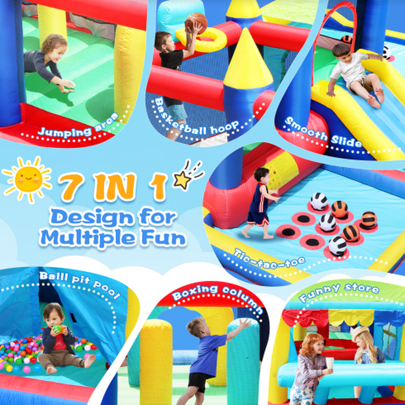 7 in 1 Inflatable Bounce House, Bouncy House with Ball Pit for Kids Indoor Outdoor Party Family Fun, Obstacles, Toddler Bouncy Castle with Ball Pit for Birthday Party Gifts