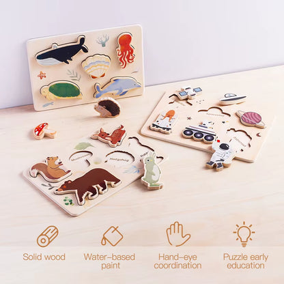 Baby Wooden Jigsaw Puzzle Building Blocks Montessori Educational Toy Cartoon Forest Marine Animal Astronaut Puzzle Gift for Baby