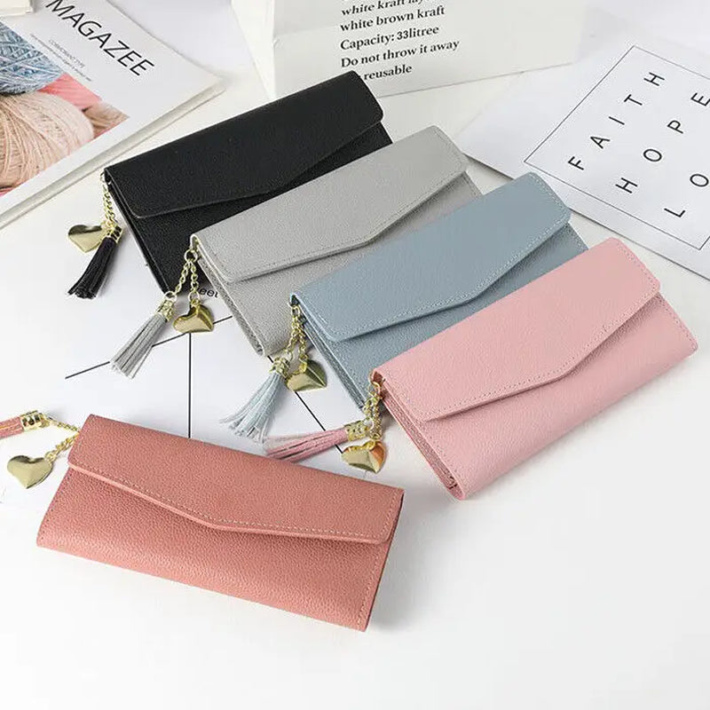 Womens Wallet PU Leather Three Fold Long Wallet Tassel Pendant Coin Pocket Purse Credit Card Holder Handbag Large Capacity Gifts