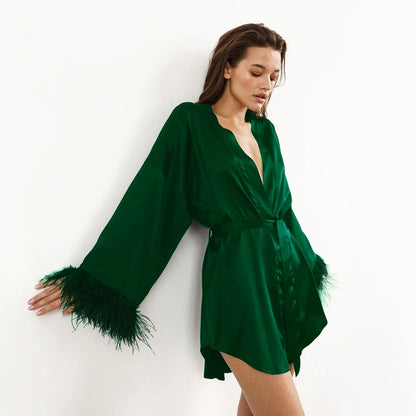 Feather Bathrobes Satin Sexy Mini Dress Long Sleeve Loose Peignoirs for Women Robe White Wedding Dress Black Bride Dresses