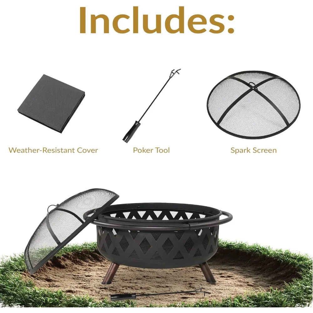 Outdoor Fire Pit - Wood-Burning Fire Pit for outside with Spark Screen, Poker and round Cover - 36-Inch - Black