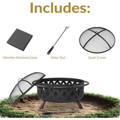 Outdoor Fire Pit - Wood-Burning Fire Pit for outside with Spark Screen, Poker and round Cover - 36-Inch - Black