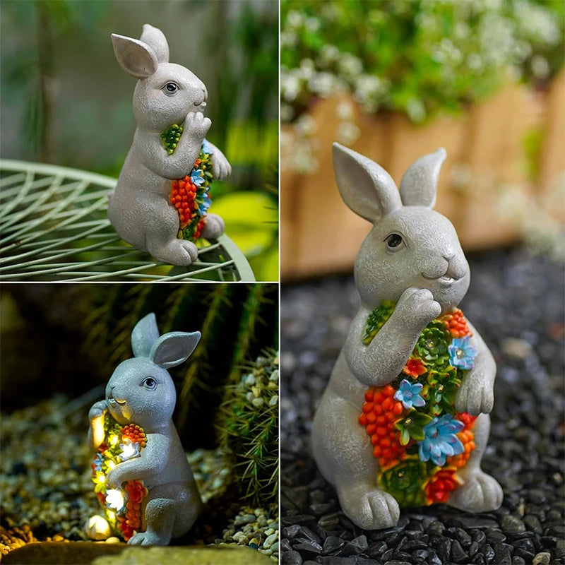 Solar Garden Outdoor Statues Bunny with 7 LED Lights – Lawn Decor for Patio, Balcony, Yard Ornament - Unique Housewarming Gifts