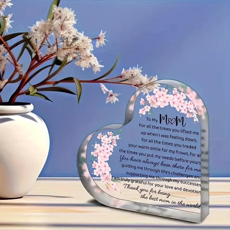Heart-Shaped Acrylic Mom Appreciation Plaque with Floral Design Elegant Script Text Sentimental Thank You Gift for Mother Ideal